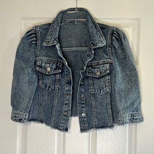 Cropped Jean Jacket - Size Medium - Puff Sleeves - ¾ Sleeves - Neatly Frayed Hem